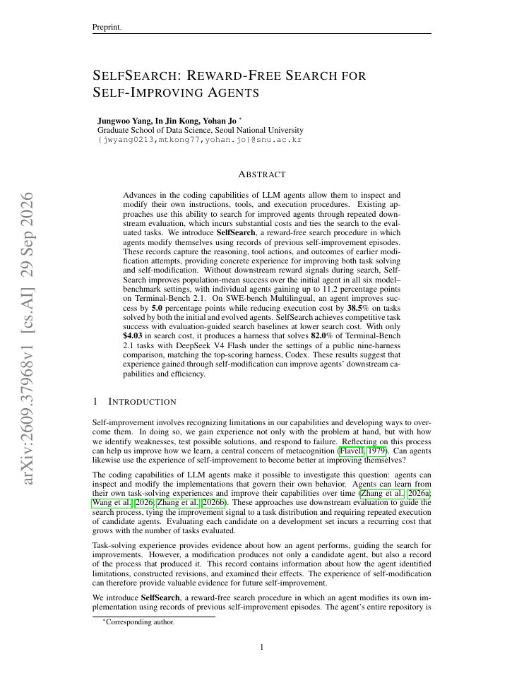 First page of SelfSearch: Reward-Free Search for Self-Improving Agents