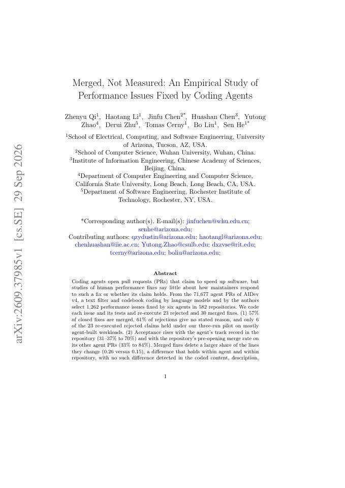 First page of Merged, Not Measured: An Empirical Study of Performance Issues Fixed by Coding Agents