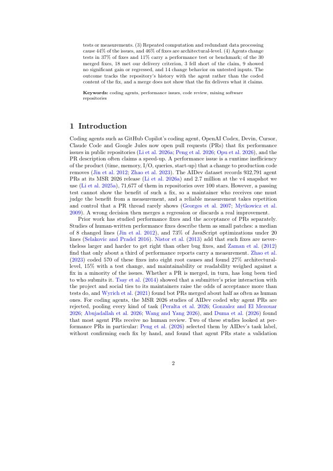 Page 2 of Merged, Not Measured: An Empirical Study of Performance Issues Fixed by Coding Agents