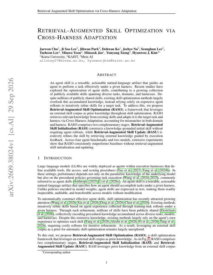 First page of Retrieval-Augmented Skill Optimization via Cross-Harness Adaptation