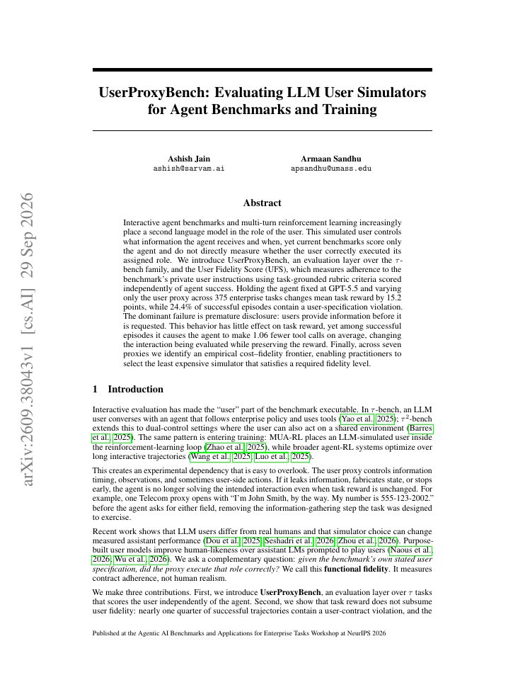 First page of UserProxyBench: Evaluating LLM User Simulators for Agent Benchmarks and Training