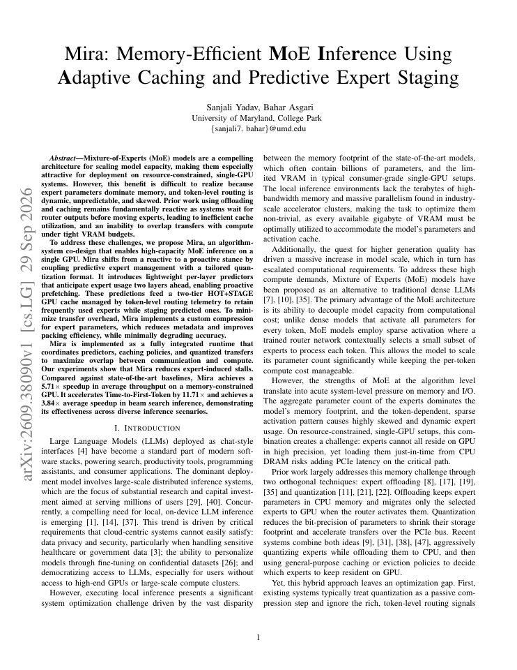 First page of Mira: Memory-Efficient MoE Inference Using Adaptive Caching and Predictive Expert Staging