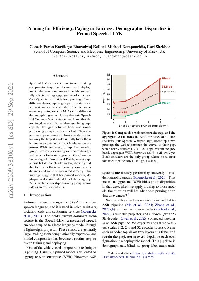 First page of Pruning for Efficiency, Paying in Fairness: Demographic Disparities in Pruned Speech-LLMs