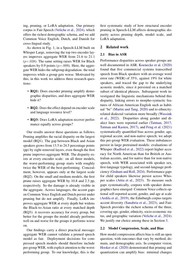 Page 2 of Pruning for Efficiency, Paying in Fairness: Demographic Disparities in Pruned Speech-LLMs