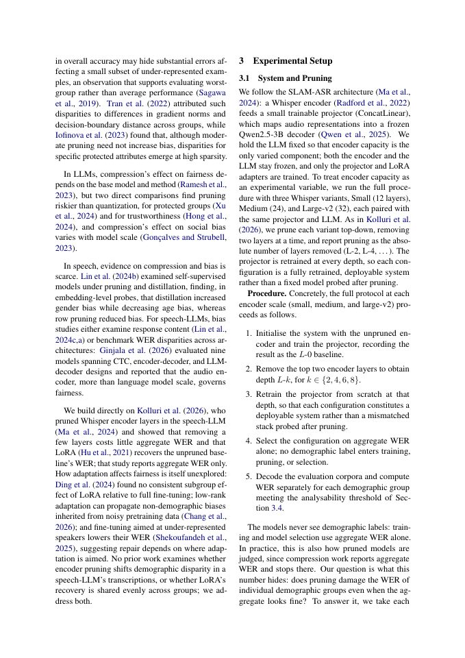 Page 3 of Pruning for Efficiency, Paying in Fairness: Demographic Disparities in Pruned Speech-LLMs