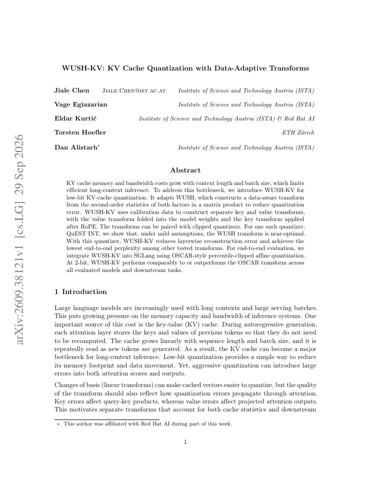 First page of WUSH-KV: KV Cache Quantization with Data-Adaptive Transforms