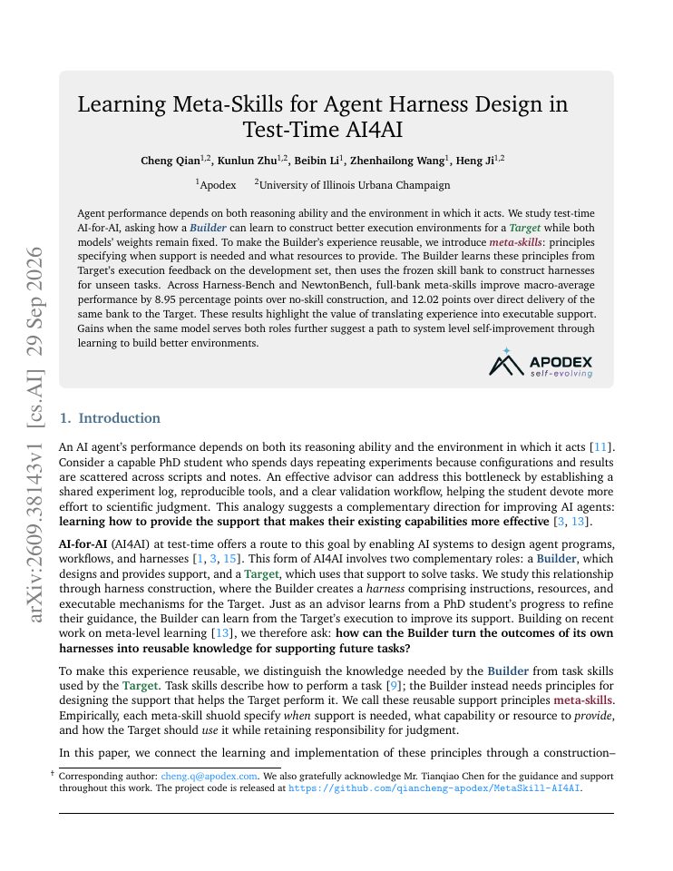 First page of Learning Meta-Skills for Agent Harness Design in Test-Time AI4AI
