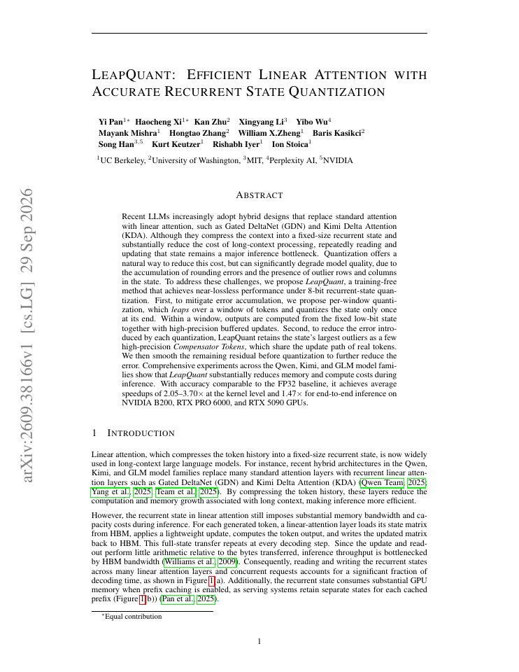 First page of LeapQuant: Efficient Linear Attention with Accurate Recurrent State Quantization