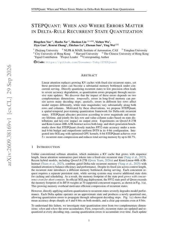 First page of STEPQuant: When and Where Errors Matter in Delta-Rule Recurrent State Quantization