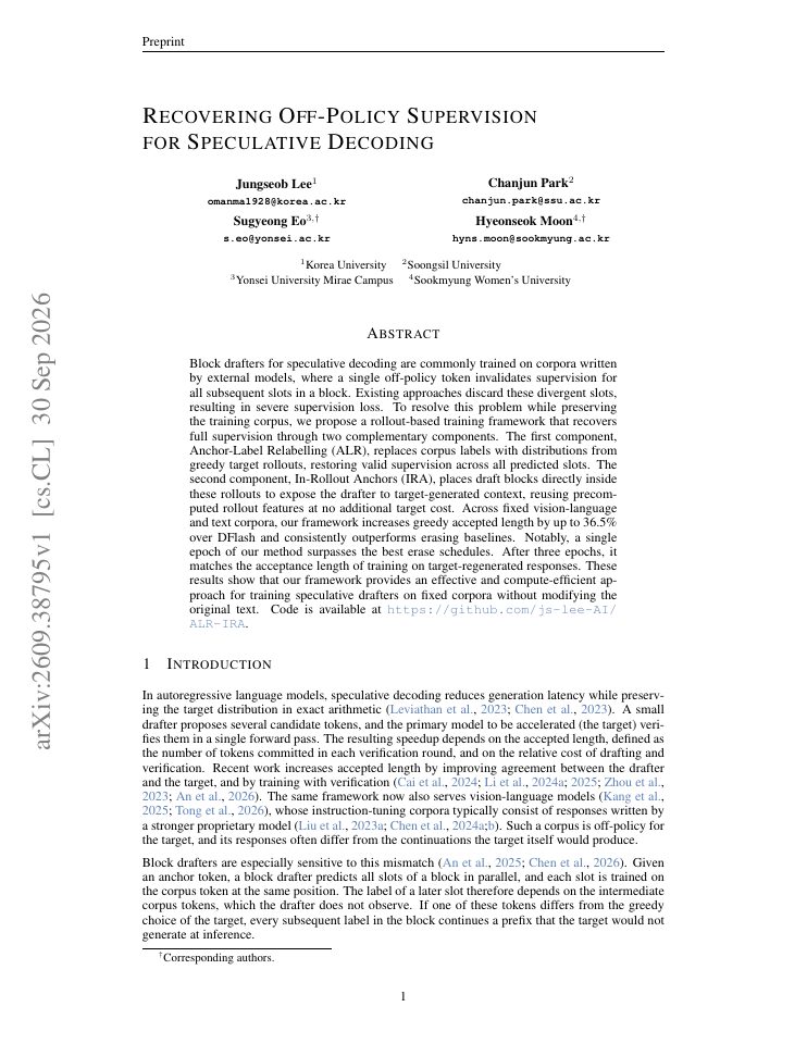 First page of Recovering Off-Policy Supervision for Speculative Decoding