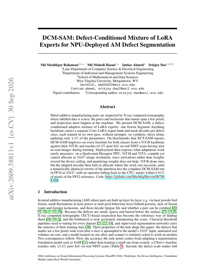 First page of DCM-SAM: Defect-Conditioned Mixture of LoRA Experts for NPU-Deployed AM Defect Segmentation