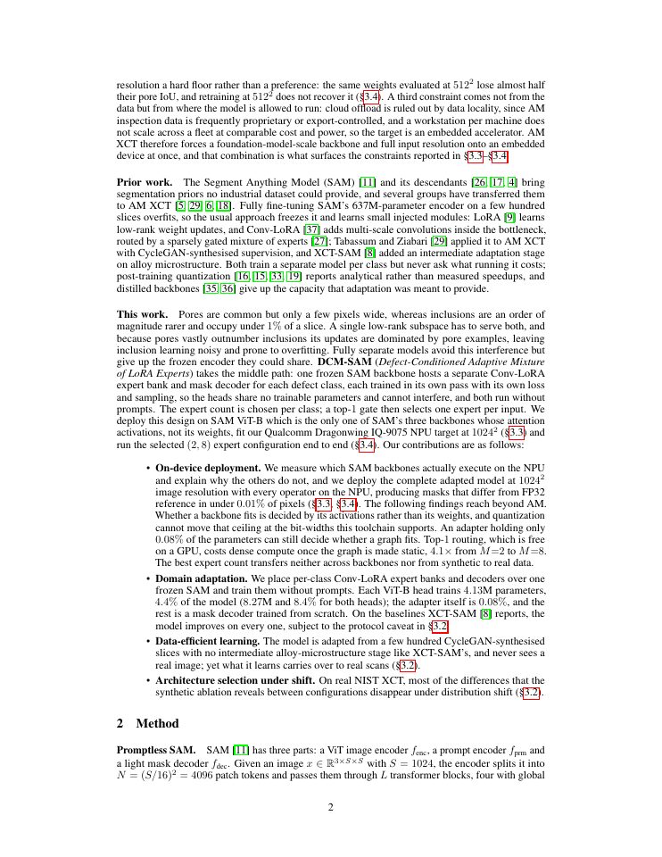 Page 2 of DCM-SAM: Defect-Conditioned Mixture of LoRA Experts for NPU-Deployed AM Defect Segmentation