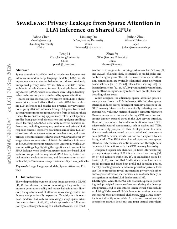 First page of SparLeak: Privacy Leakage from Sparse Attention in LLM Inference on Shared GPUs