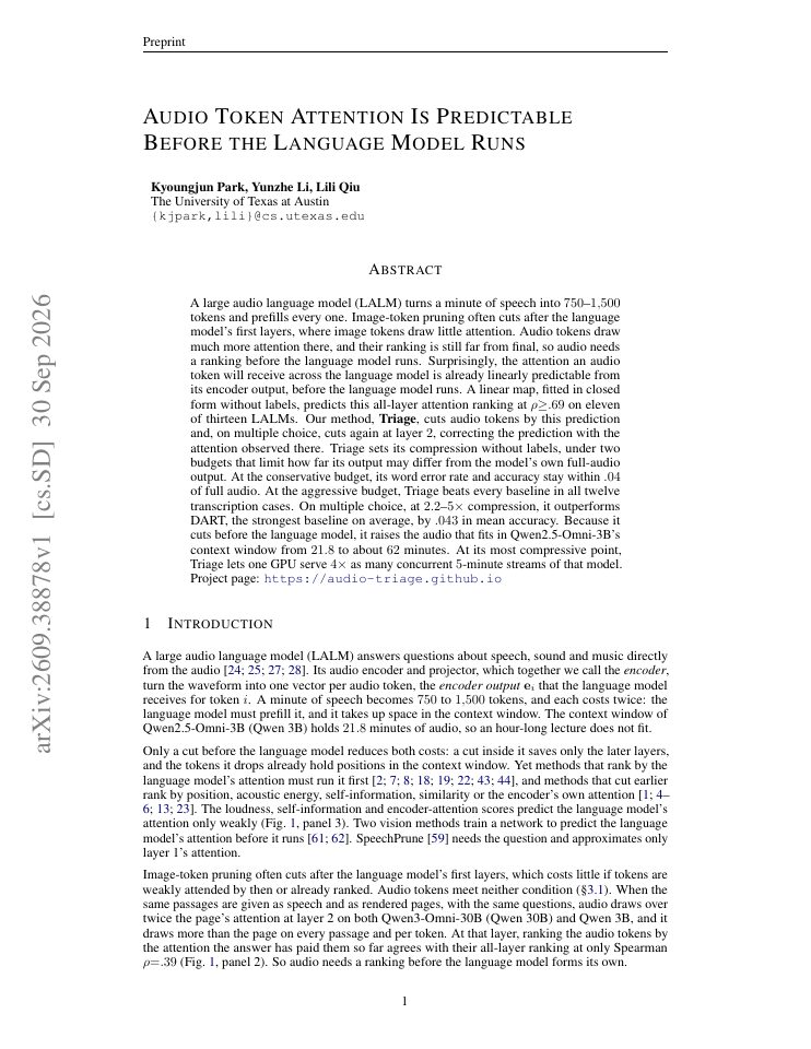 First page of Audio Token Attention Is Predictable Before the Language Model Runs