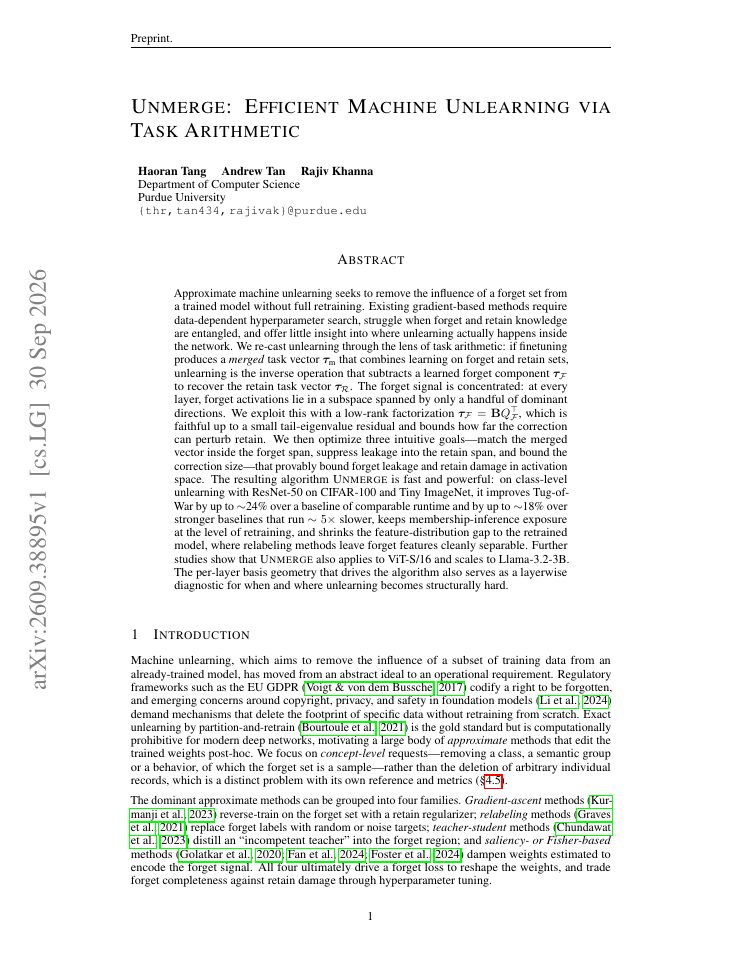 First page of Unmerge: Efficient Machine Unlearning via Task Arithmetic