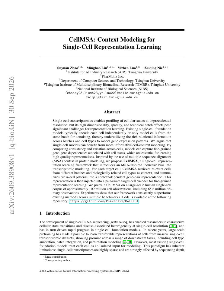 First page of CellMSA: Context Modeling for Single-Cell Representation Learning