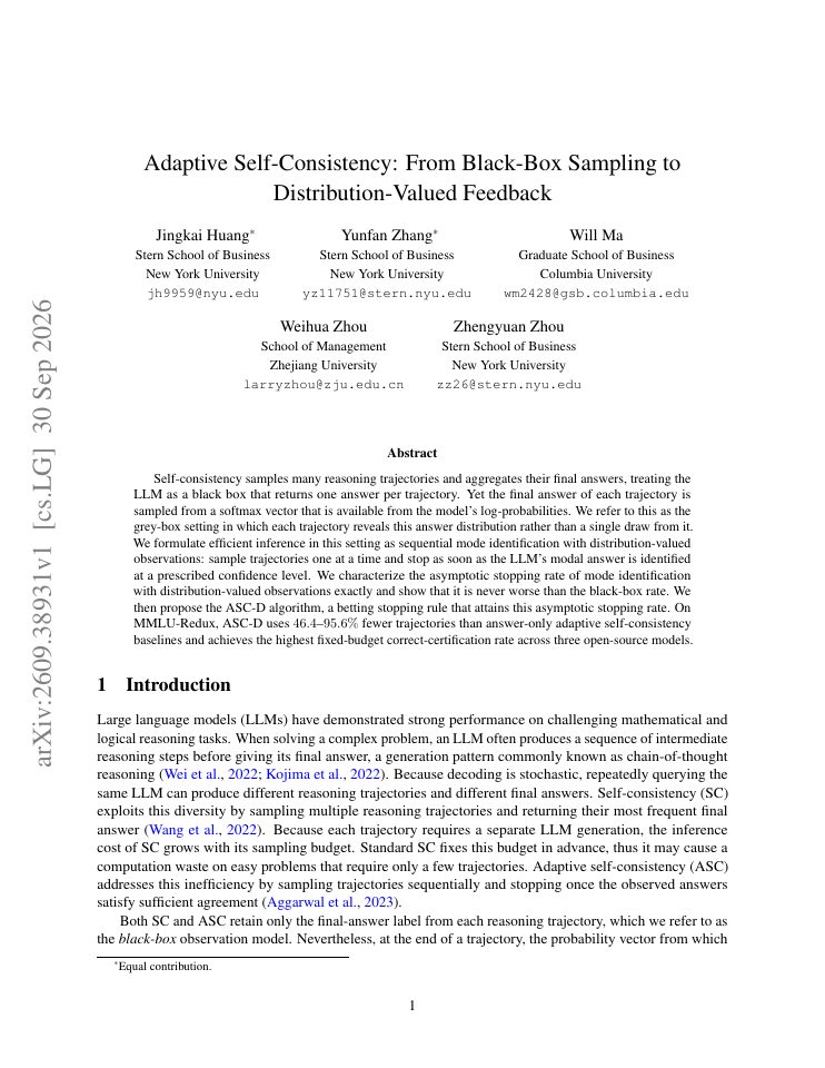 First page of Adaptive Self-Consistency: From Black-Box Sampling to Distribution-Valued Feedback