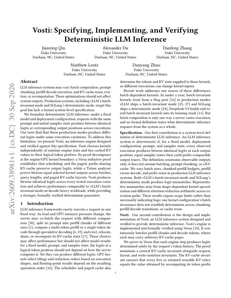 First page of Vosti: Specifying, Implementing, and Verifying Deterministic LLM Inference
