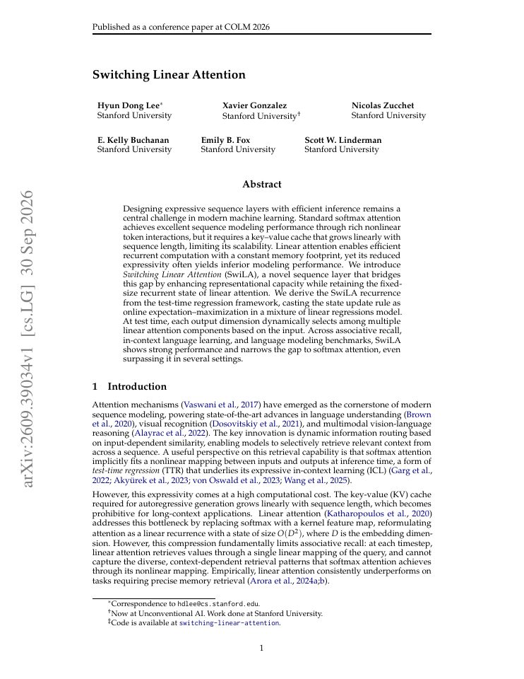 First page of Switching Linear Attention