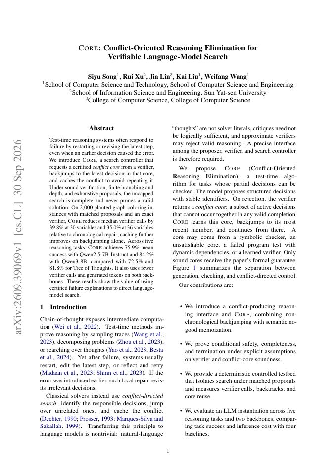 First page of CORE: Conflict-Oriented Reasoning Elimination for Verifiable Language-Model Search