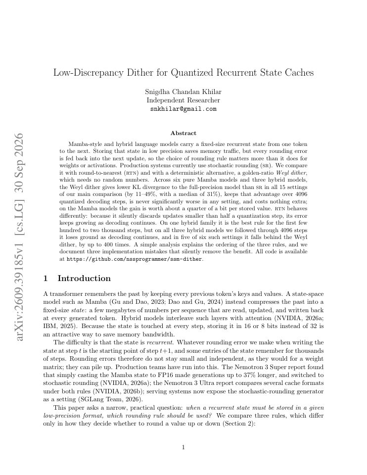 First page of Low-Discrepancy Dither for Quantized Recurrent State Caches