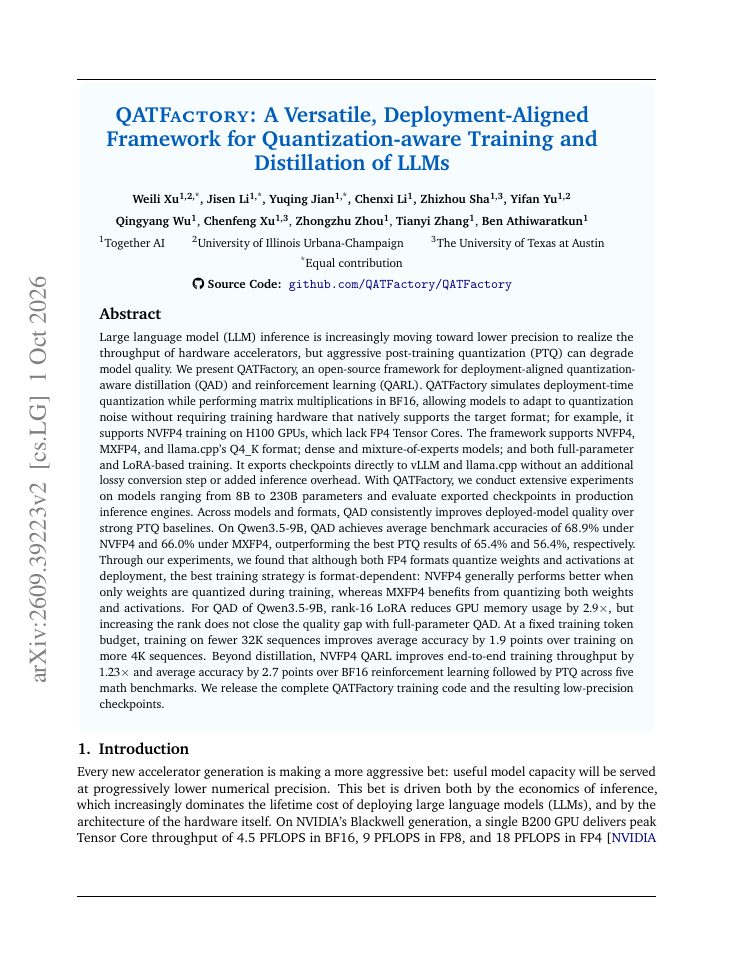 First page of QATFactory: A Versatile, Deployment-Aligned Framework for Quantization-aware Training and Distillation of LLMs