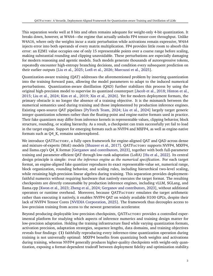 Page 3 of QATFactory: A Versatile, Deployment-Aligned Framework for Quantization-aware Training and Distillation of LLMs