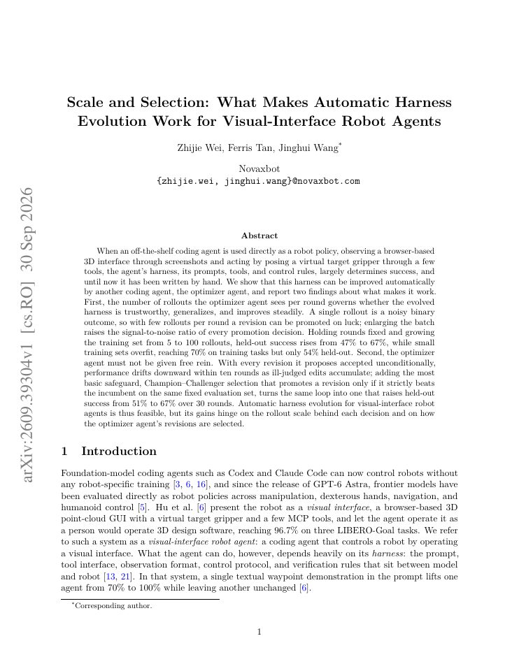 First page of Scale and Selection: What Makes Automatic Harness Evolution Work for Visual-Interface Robot Agents