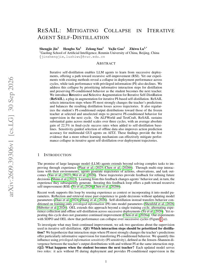 First page of ReSAIL: Mitigating Collapse in Iterative Agent Self-Distillation