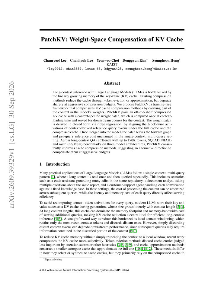 First page of PatchKV: Weight-Space Compensation of KV Cache