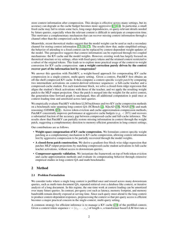 Page 2 of PatchKV: Weight-Space Compensation of KV Cache