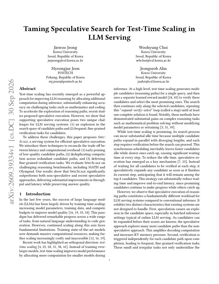 First page of Taming Speculative Search for Test-Time Scaling in LLM Serving