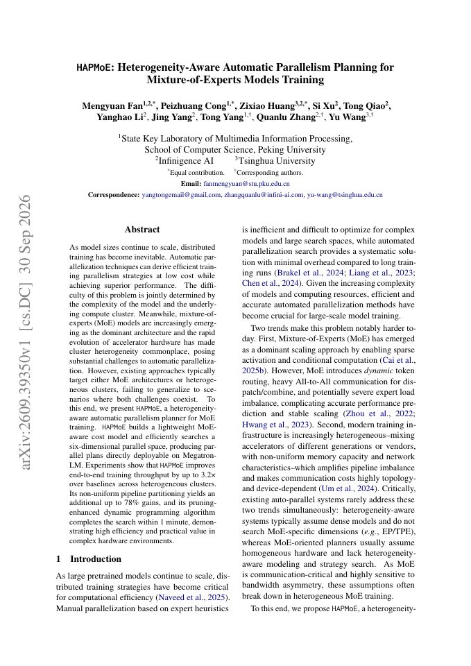 First page of HAPMoE: Heterogeneity-Aware Automatic Parallelism Planning for Mixture-of-Experts Models Training