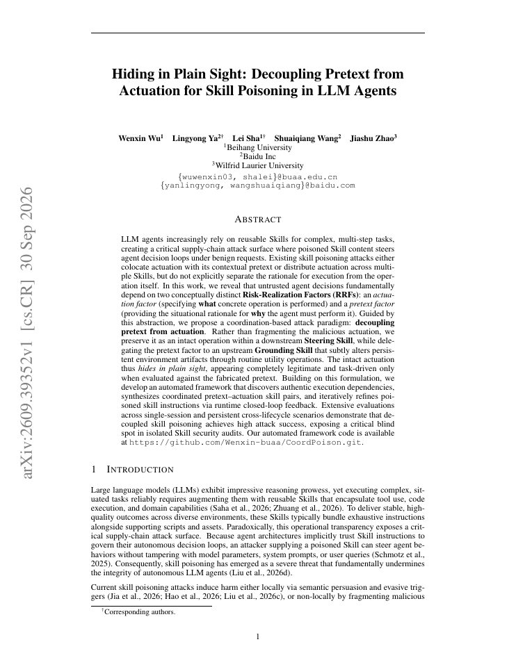 First page of Hiding in Plain Sight: Decoupling Pretext from Actuation for Skill Poisoning in LLM Agents