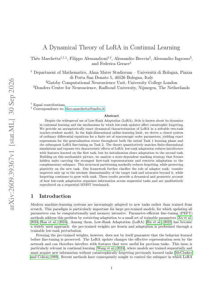 First page of A Dynamical Theory of LoRA in Continual Learning
