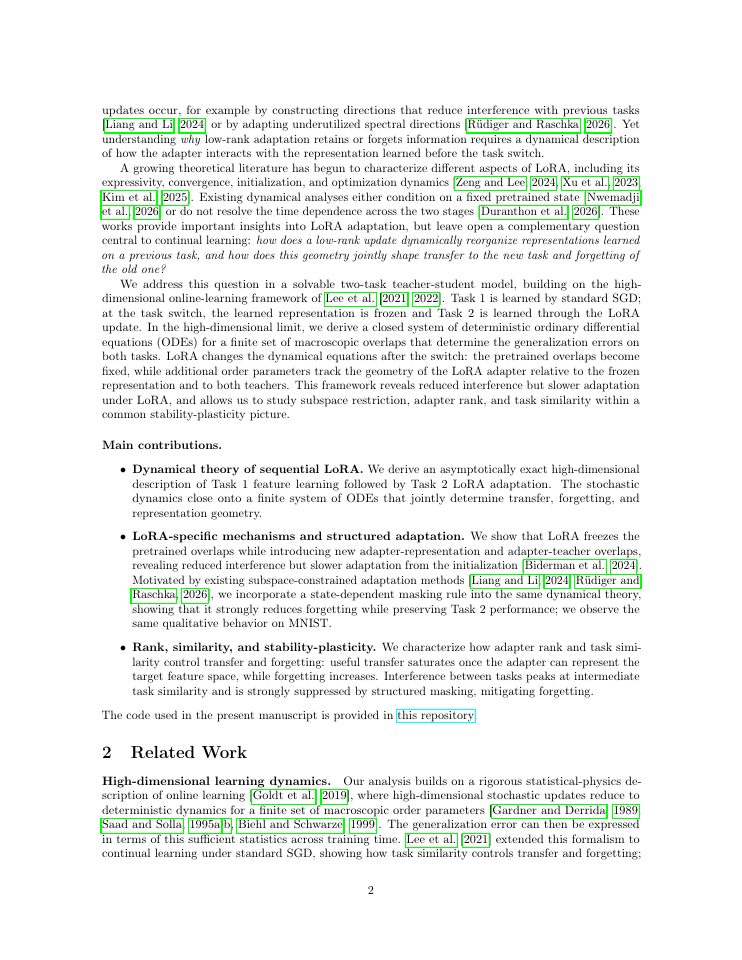 Page 2 of A Dynamical Theory of LoRA in Continual Learning