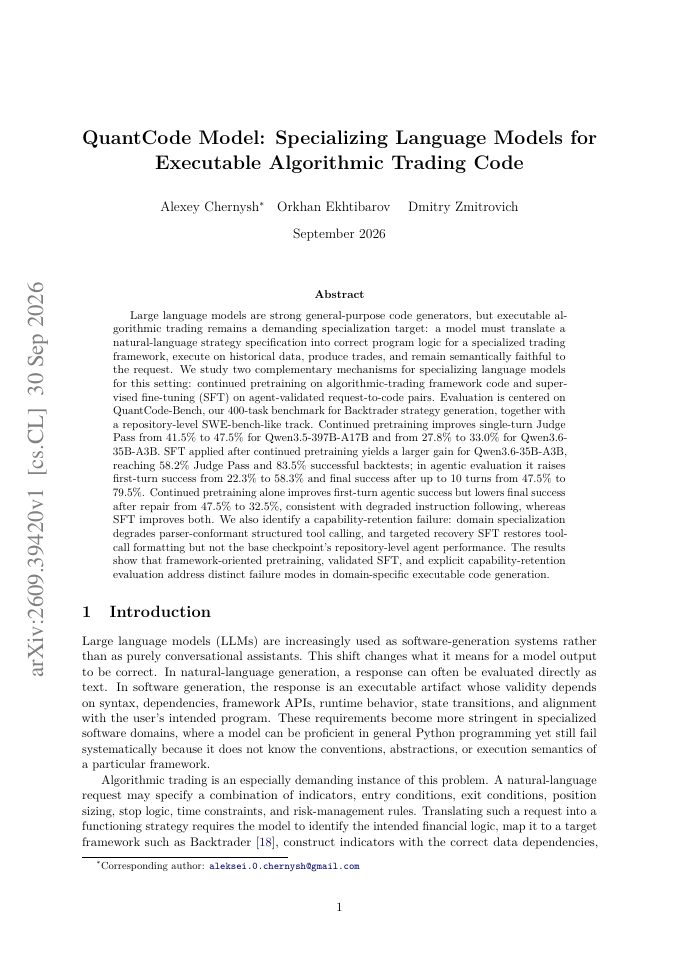 First page of QuantCode Model: Specializing Language Models for Executable Algorithmic Trading Code