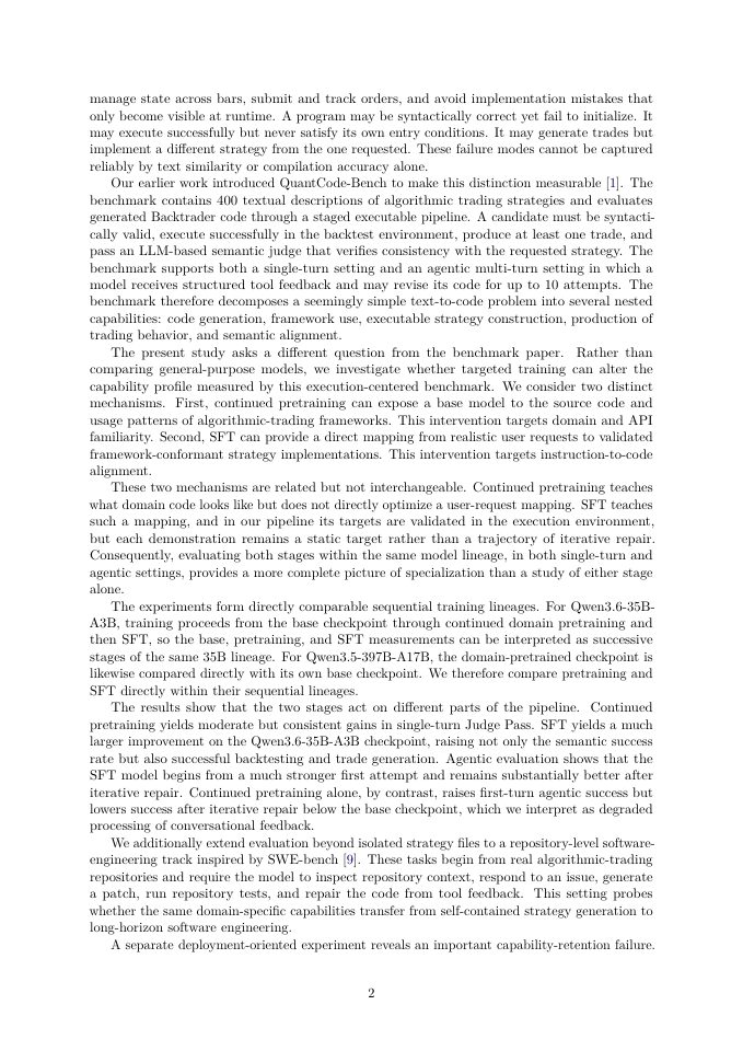 Page 2 of QuantCode Model: Specializing Language Models for Executable Algorithmic Trading Code