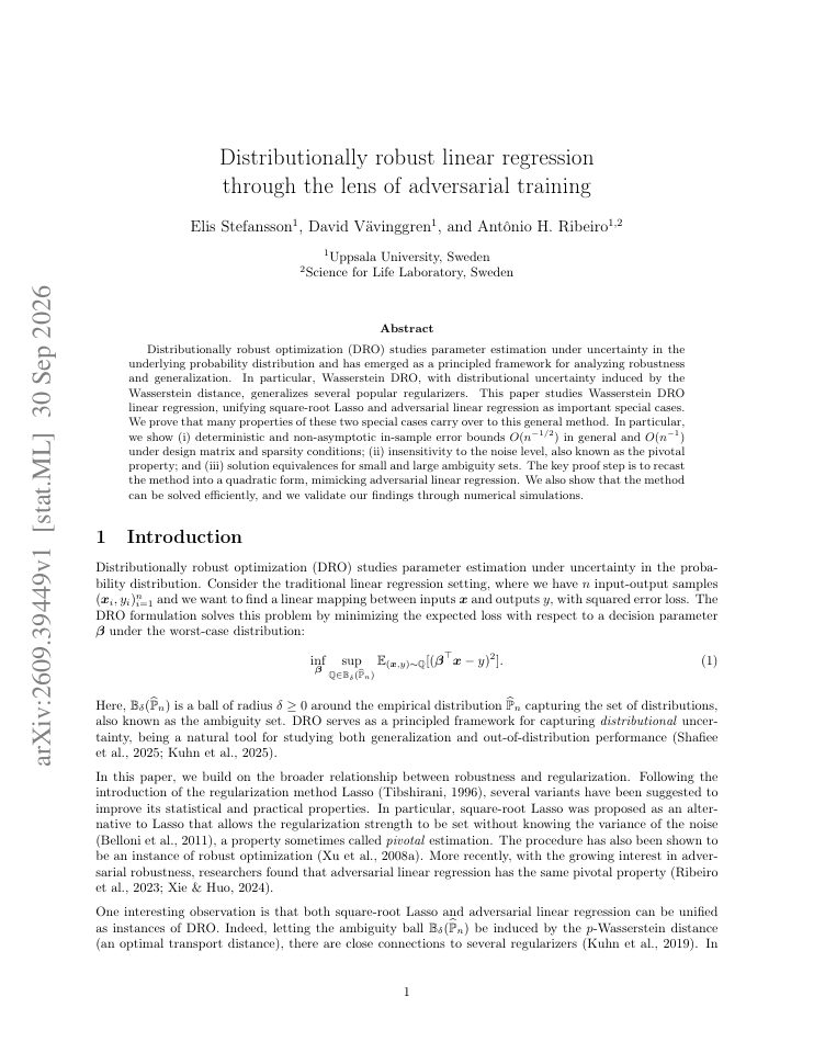 First page of Distributionally robust linear regression through the lens of adversarial training