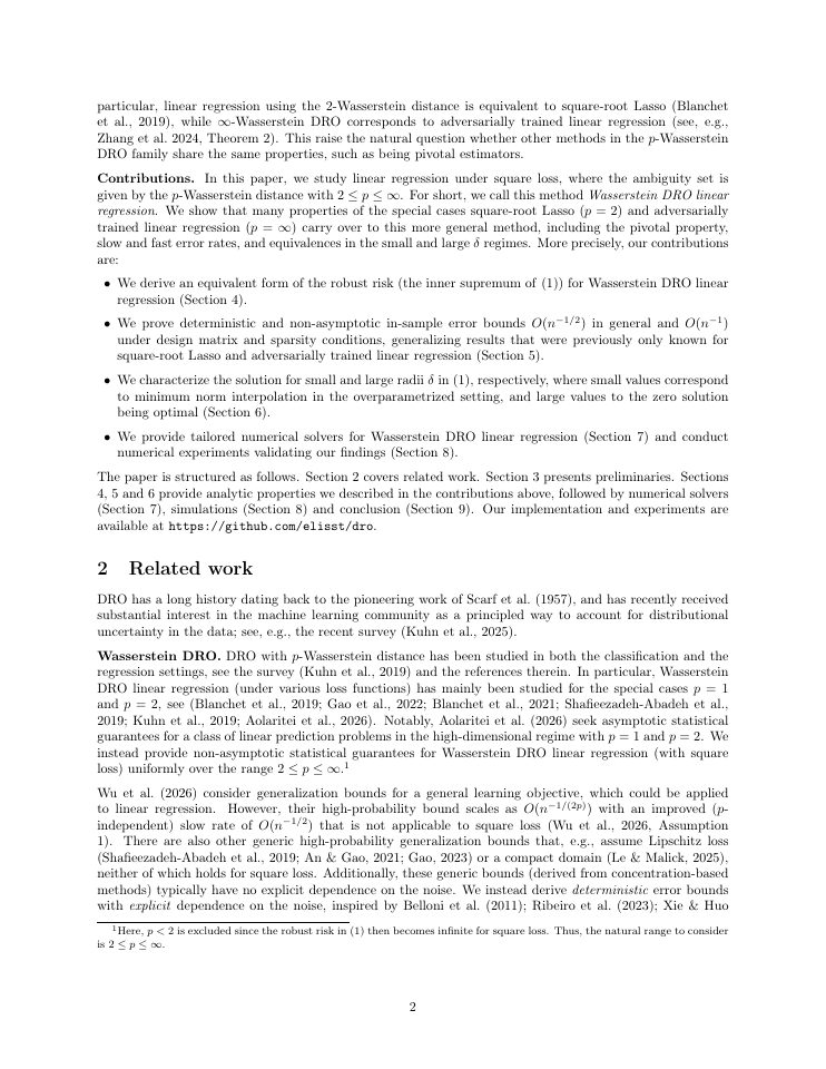 Page 2 of Distributionally robust linear regression through the lens of adversarial training