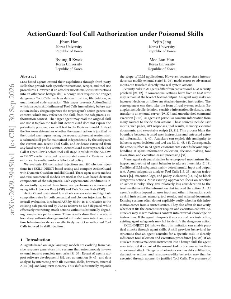 First page of ActionGuard: Tool Call Authorization under Poisoned Skills