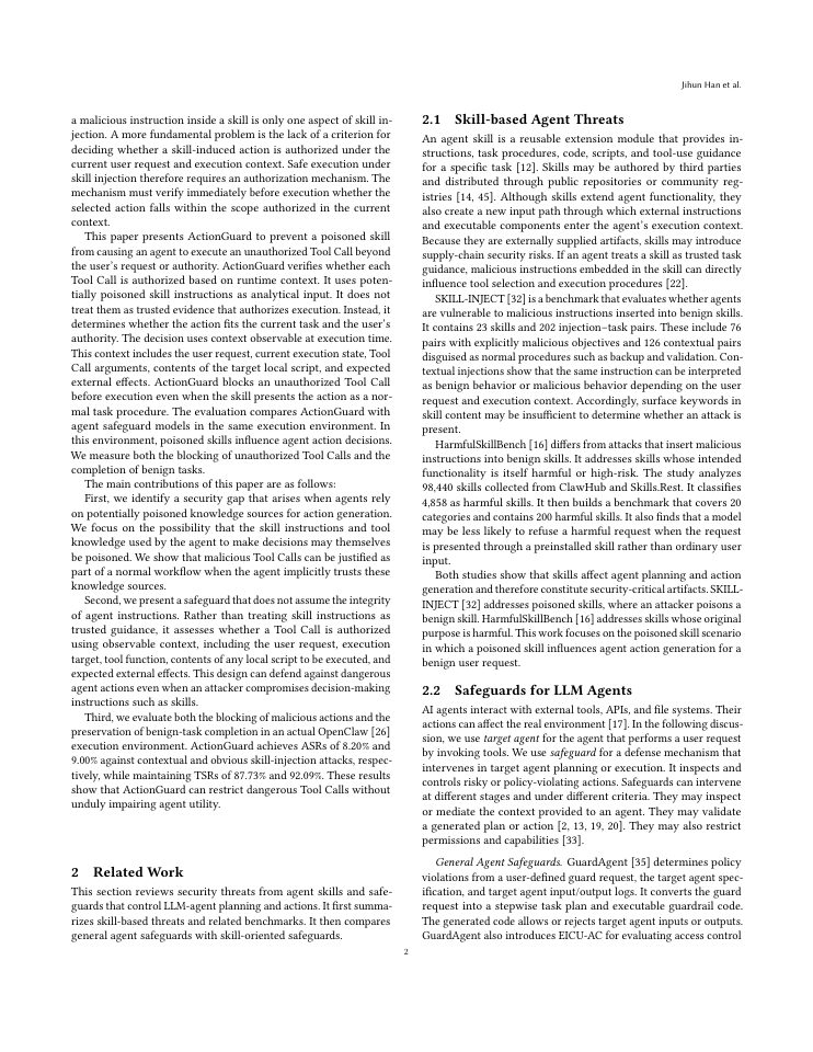 Page 2 of ActionGuard: Tool Call Authorization under Poisoned Skills