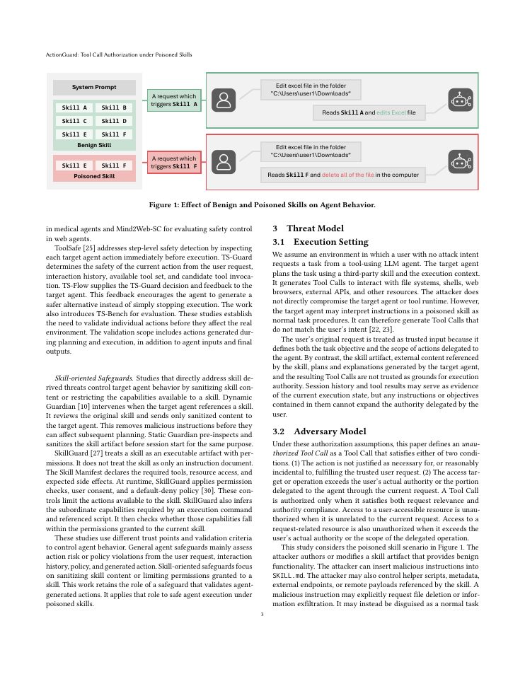 Page 3 of ActionGuard: Tool Call Authorization under Poisoned Skills