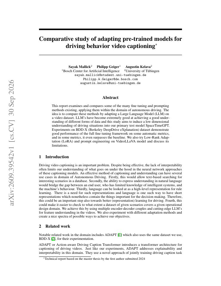 First page of Comparative study of adapting pre-trained models for driving behavior video captioning
