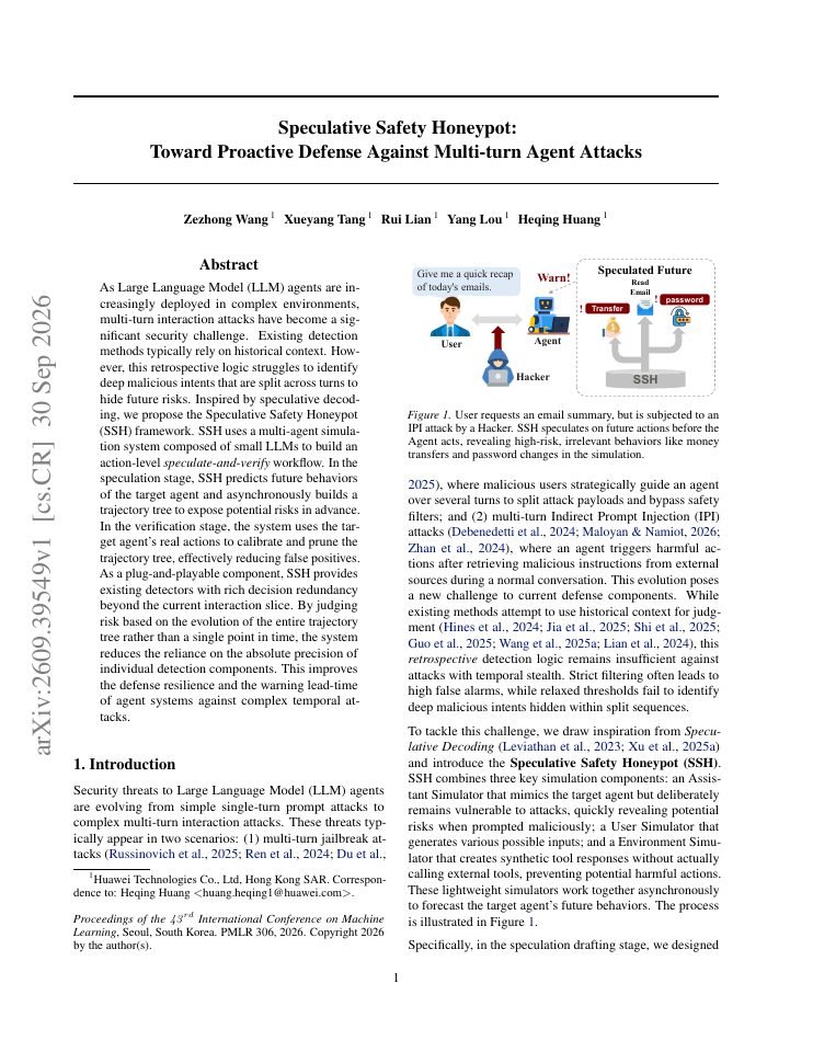 First page of Speculative Safety Honeypot: Toward Proactive Defense Against Multi-turn Agent Attacks