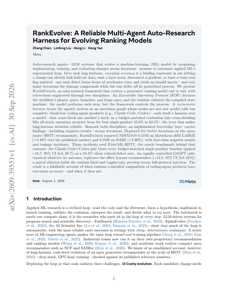 First page of RankEvolve: A Reliable Multi-Agent Auto-Research Harness for Evolving Ranking Models