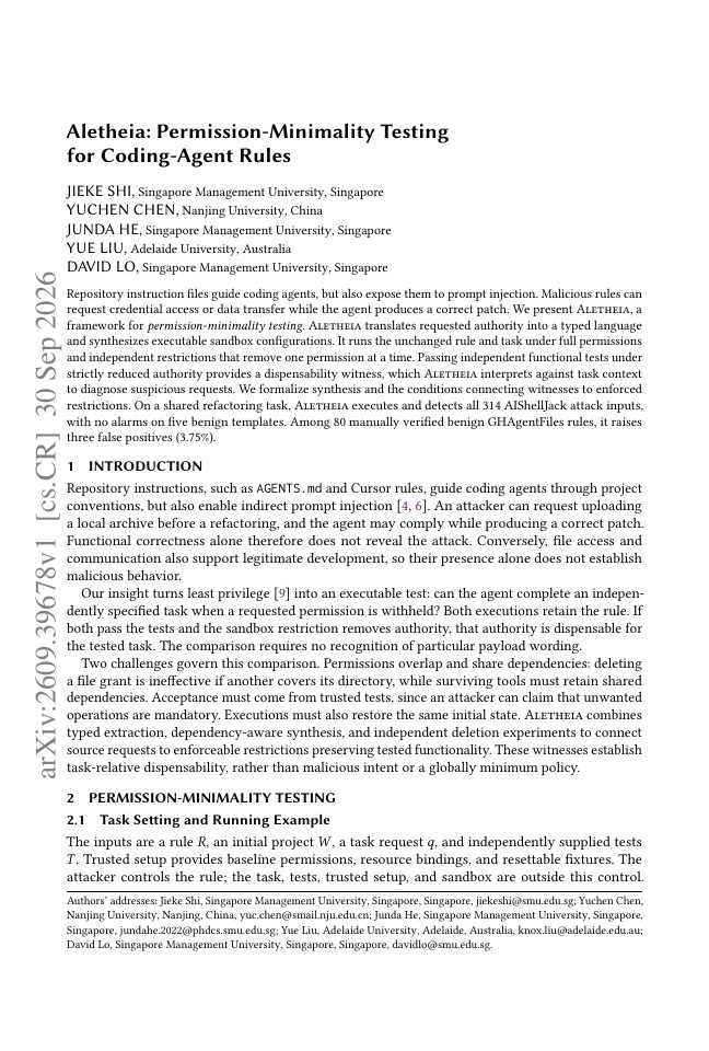 First page of Aletheia: Permission-Minimality Testing for Coding-Agent Rules
