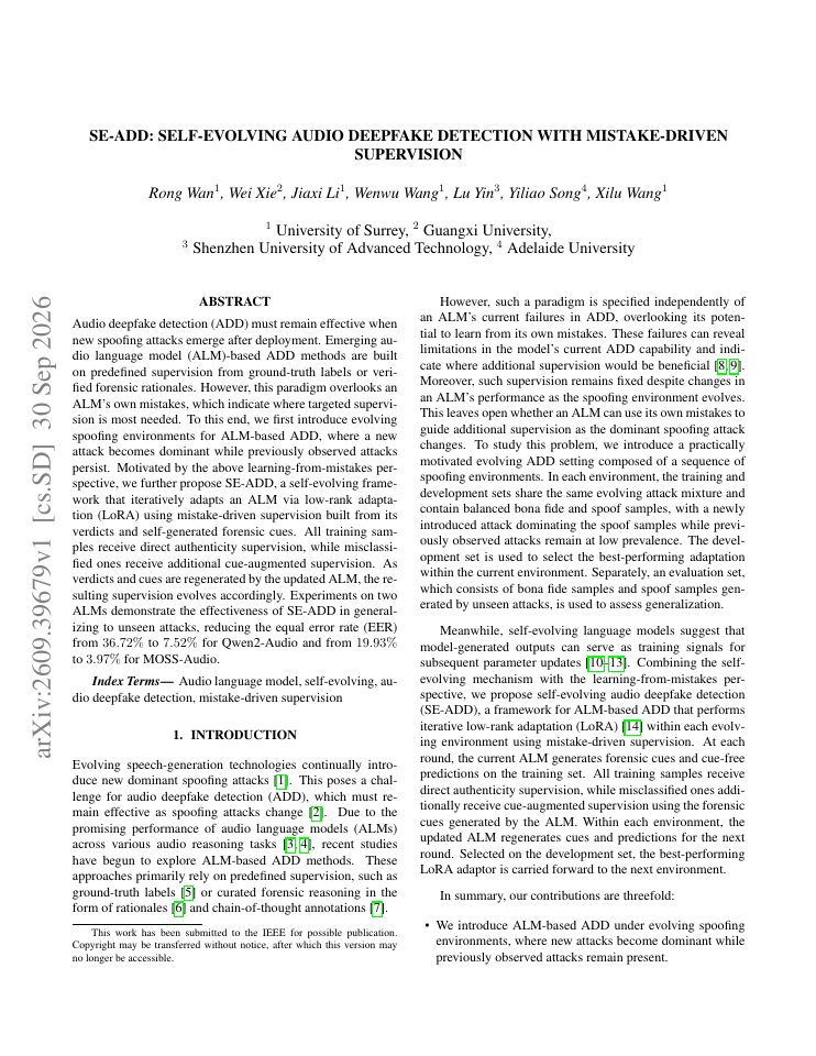 First page of SE-ADD: Self-Evolving Audio Deepfake Detection with Mistake-Driven Supervision