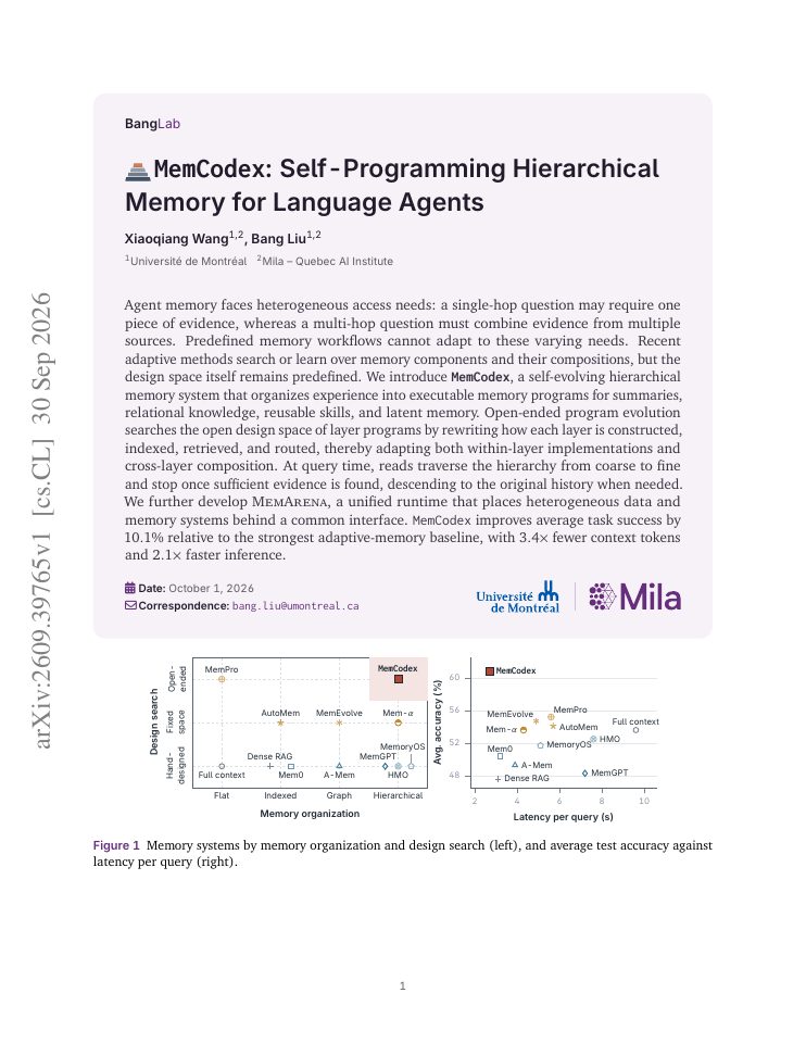 First page of MemCodex: Self-Programming Hierarchical Memory for Language Agents