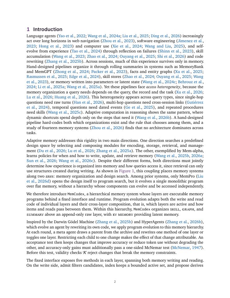 Page 2 of MemCodex: Self-Programming Hierarchical Memory for Language Agents